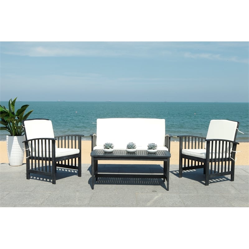 Pemberly Row Transitional Wood 4Pc Outdoor Set in Black / Beige