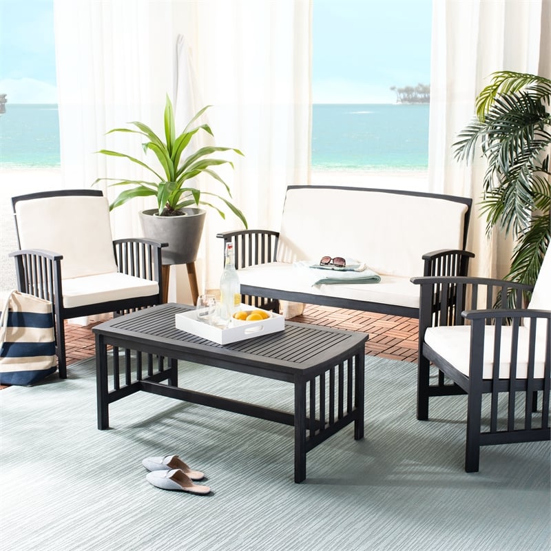 Pemberly Row Transitional Wood 4Pc Outdoor Set in Black / Beige