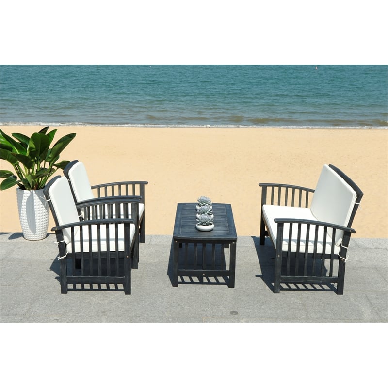 Pemberly Row Transitional Wood 4Pc Outdoor Set in Black / Beige