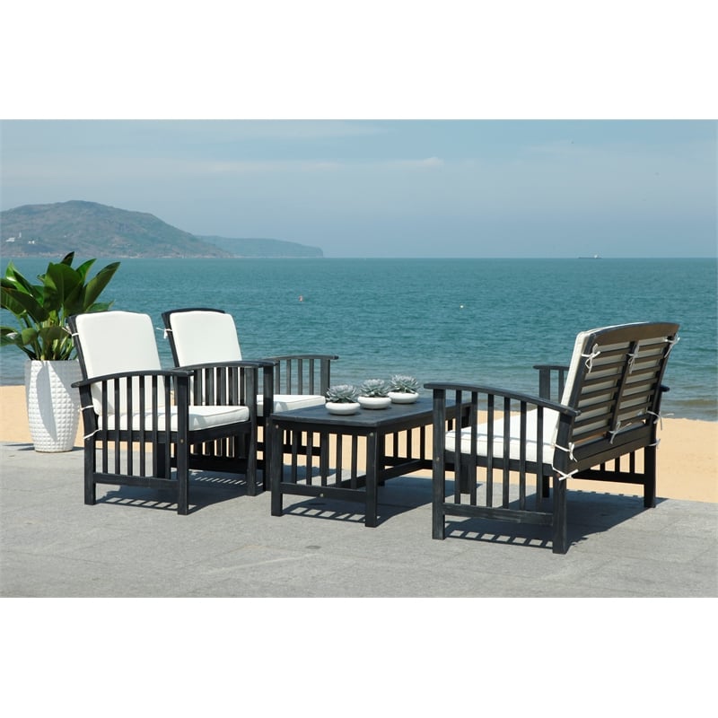 Pemberly Row Transitional Wood 4Pc Outdoor Set in Black / Beige