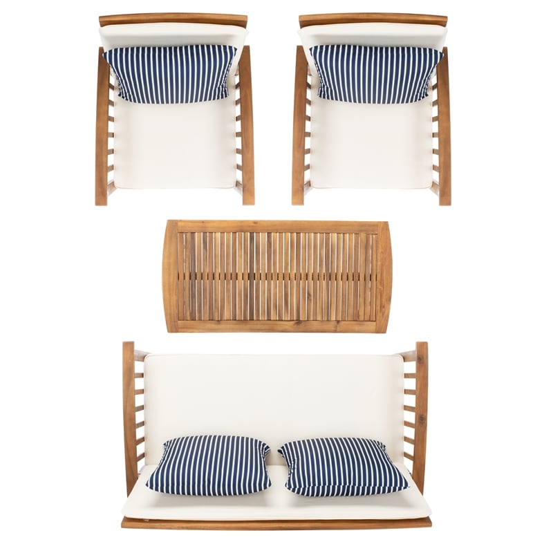 Pemberly Row Wood 4 Pc Outdoor Set in Natural / Beige / Navy / White