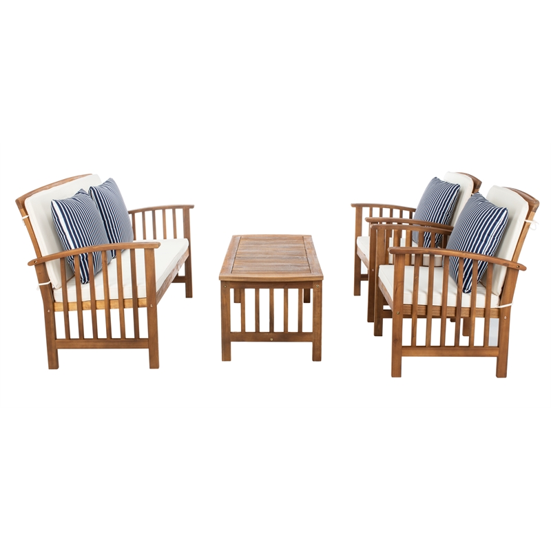 Pemberly Row Wood 4 Pc Outdoor Set in Natural / Beige / Navy / White