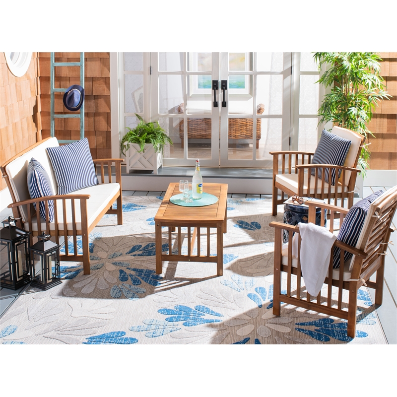 Pemberly Row Wood 4 Pc Outdoor Set in Natural / Beige / Navy / White