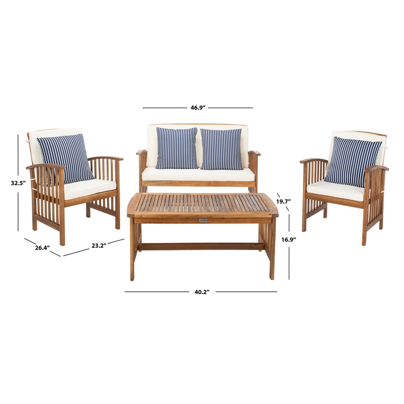 Pemberly Row Wood 4 Pc Outdoor Set in Natural / Beige / Navy / White