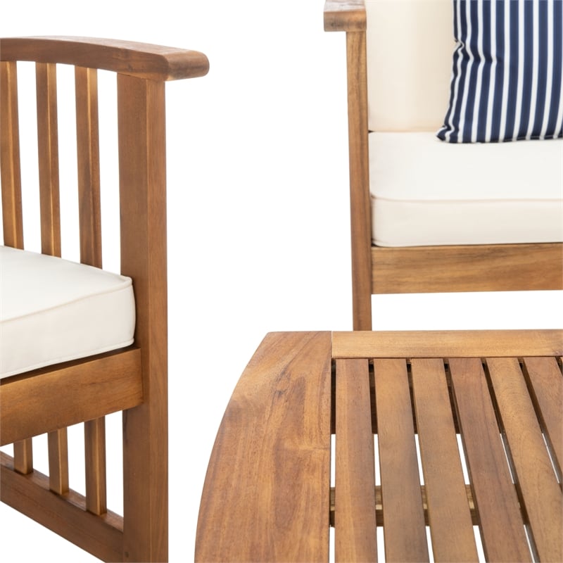Pemberly Row Wood 4 Pc Outdoor Set in Natural / Beige / Navy / White
