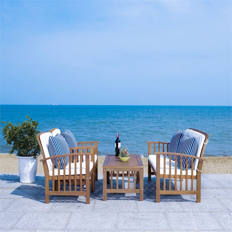 Pemberly Row Wood 4 Pc Outdoor Set in Natural / Beige / Navy / White