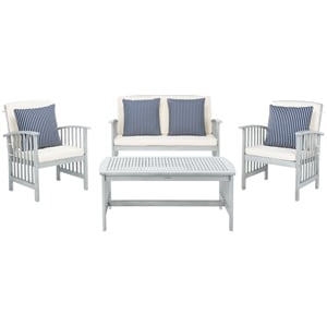 Pemberly Row Wood 4 Pc Outdoor Set in Gray / Beige/ Navy / White