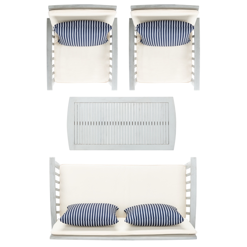 Pemberly Row Wood 4 Pc Outdoor Set in Gray / Beige/ Navy / White