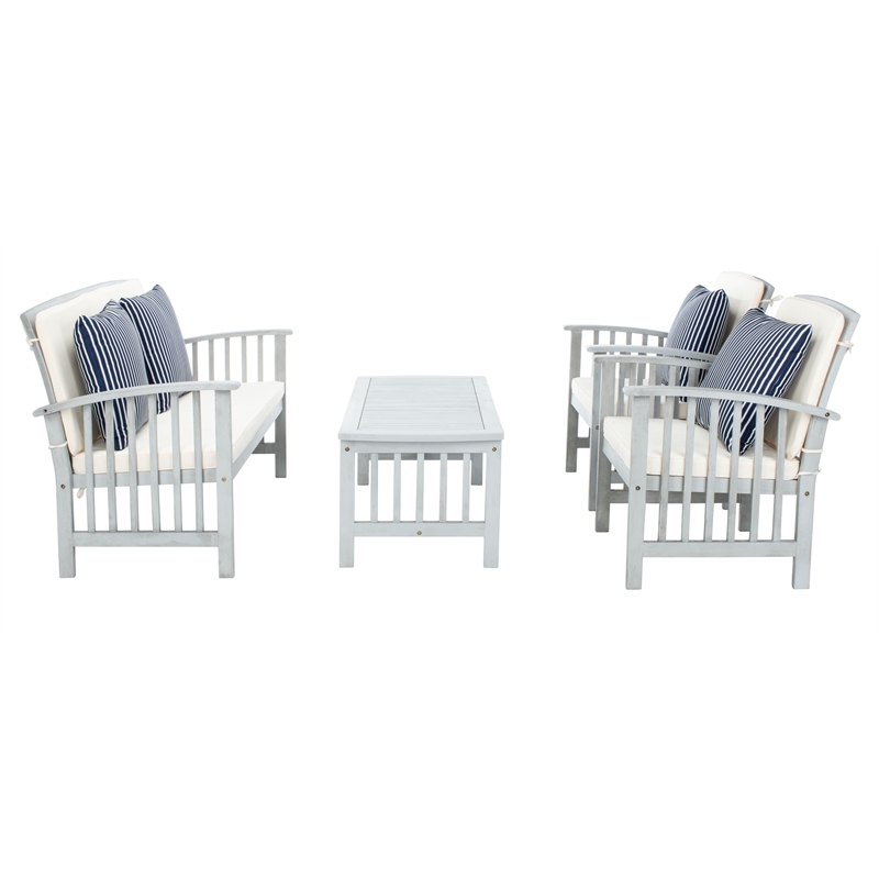 Pemberly Row Wood 4 Pc Outdoor Set in Gray / Beige/ Navy / White