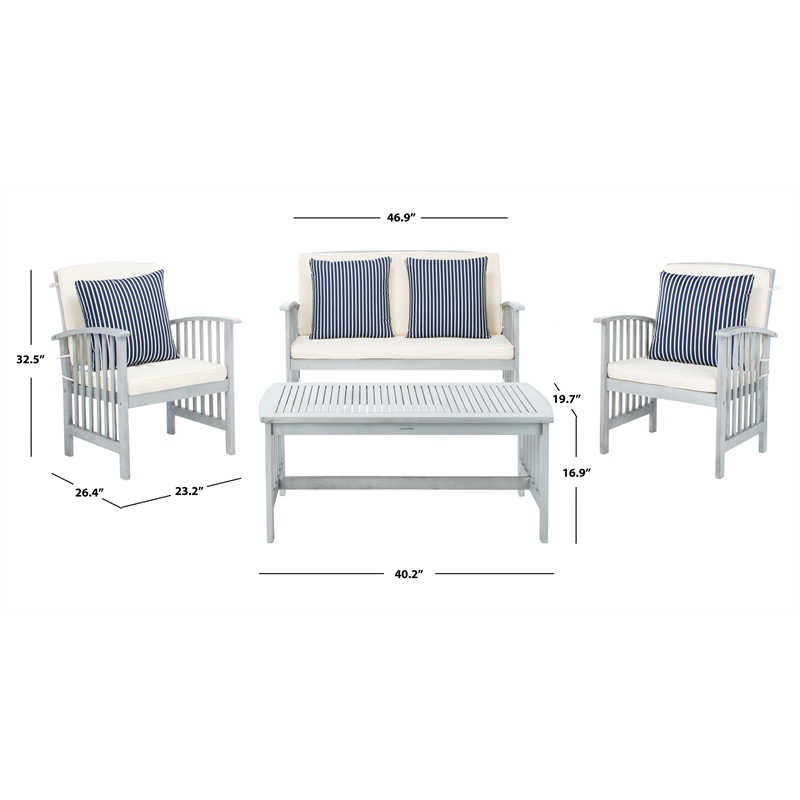 Pemberly Row Wood 4 Pc Outdoor Set in Gray / Beige/ Navy / White
