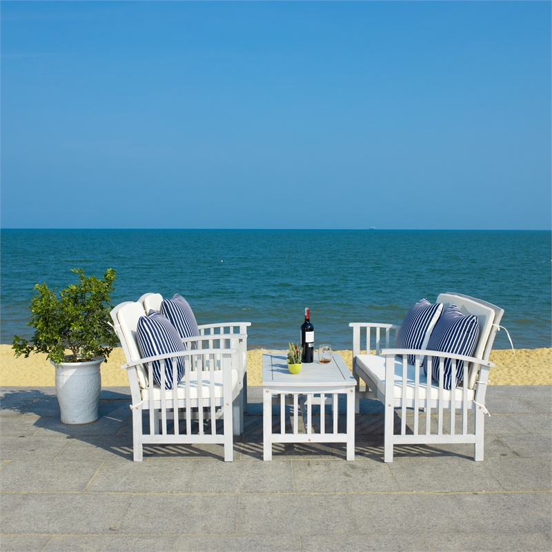 Pemberly Row Wood 4 Pc Outdoor Set in Gray / Beige/ Navy / White