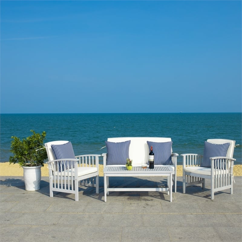 Pemberly Row Wood 4 Pc Outdoor Set in Gray / Beige/ Navy / White