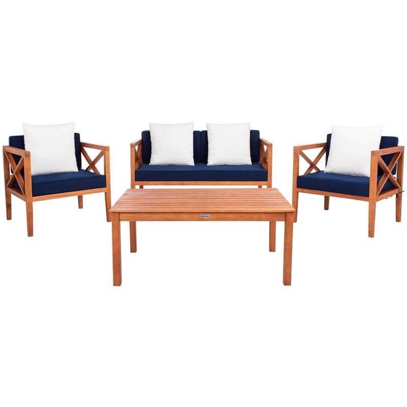 Pemberly Row Contemporary 4 Piece Patio Sofa Set in Teak Brown and Navy