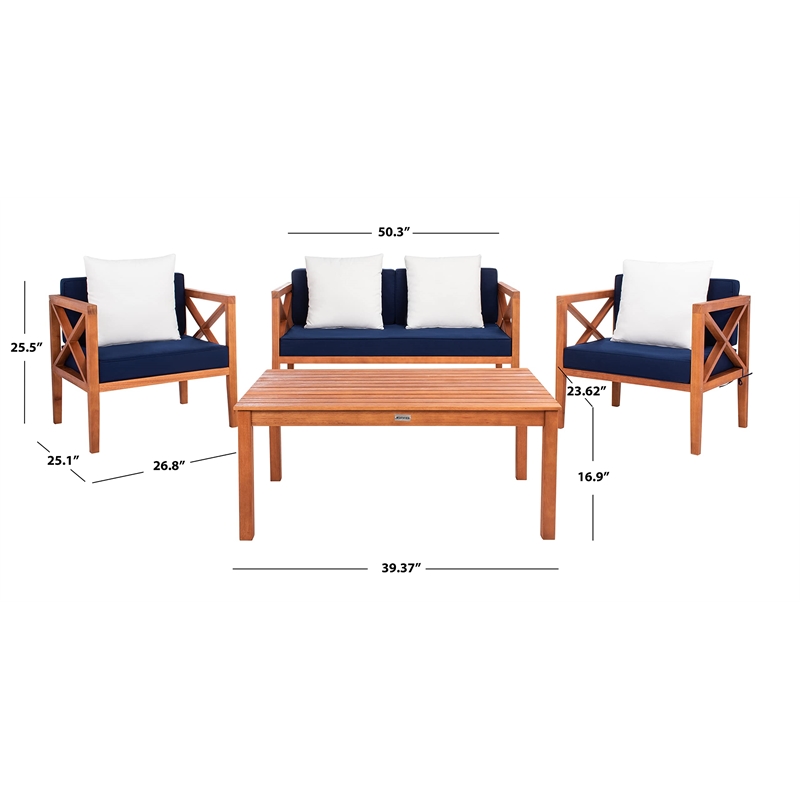 Pemberly Row Contemporary 4 Piece Patio Sofa Set in Teak Brown and Navy