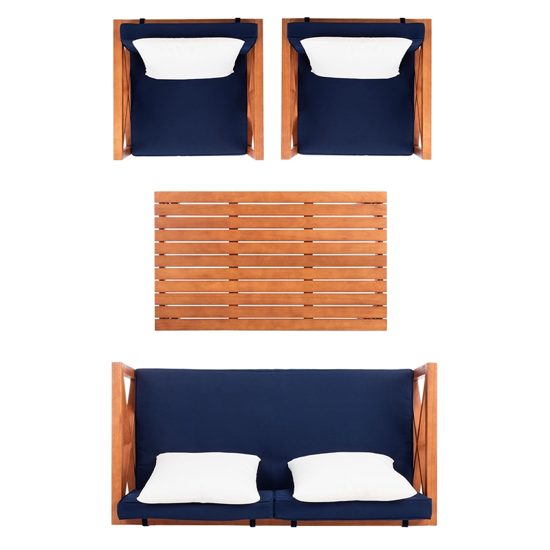 Pemberly Row Contemporary 4 Piece Patio Sofa Set in Teak Brown and Navy