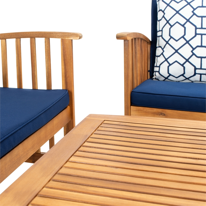 Pemberly Row Transitional Wood 4Pc Outdoor Set in Natural / Navy