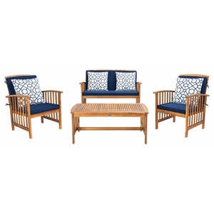 Pemberly Row Transitional Wood 4Pc Outdoor Set in Natural / Navy