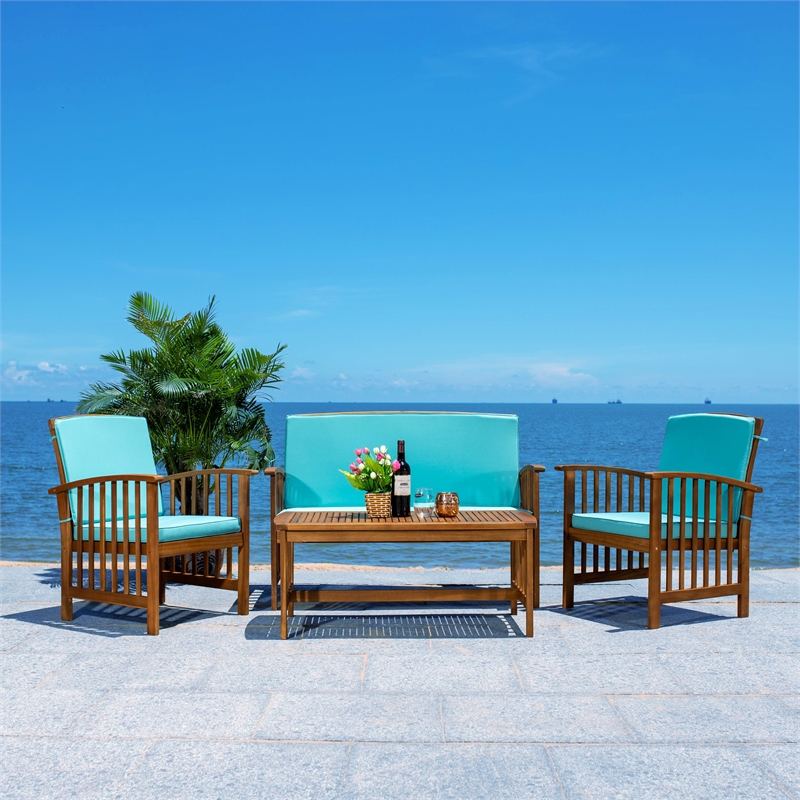 Pemberly Row Transitional Wood 4Pc Outdoor Set in Natural / Aqua