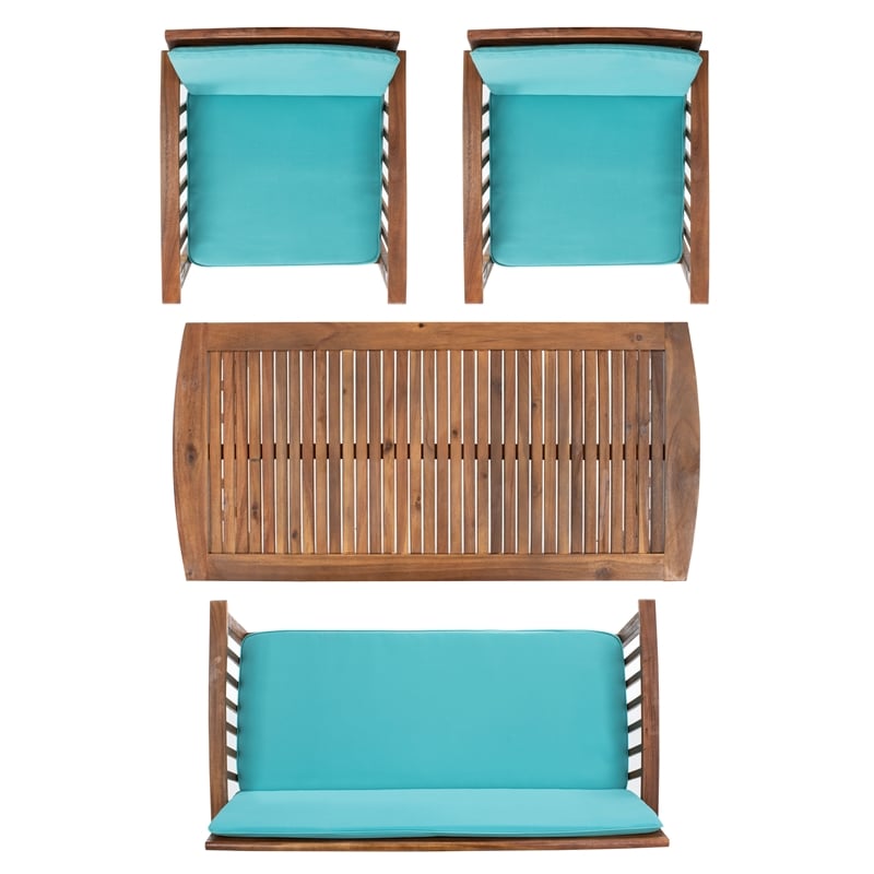 Pemberly Row Transitional Wood 4Pc Outdoor Set in Natural / Aqua