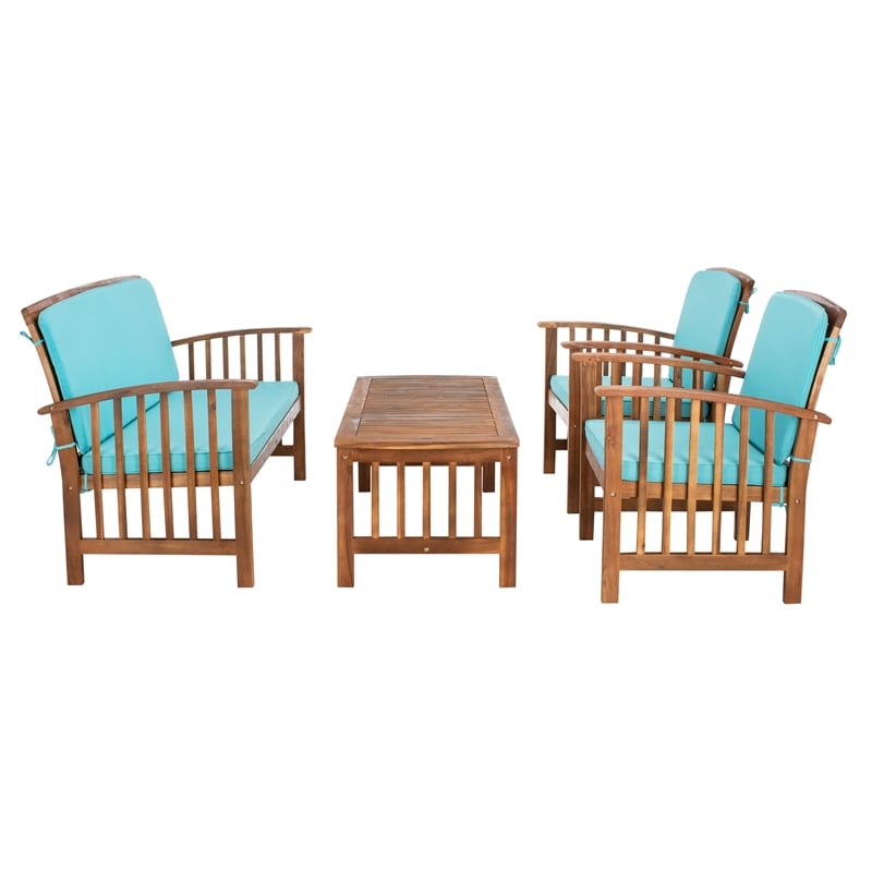 Pemberly Row Transitional Wood 4Pc Outdoor Set in Natural / Aqua