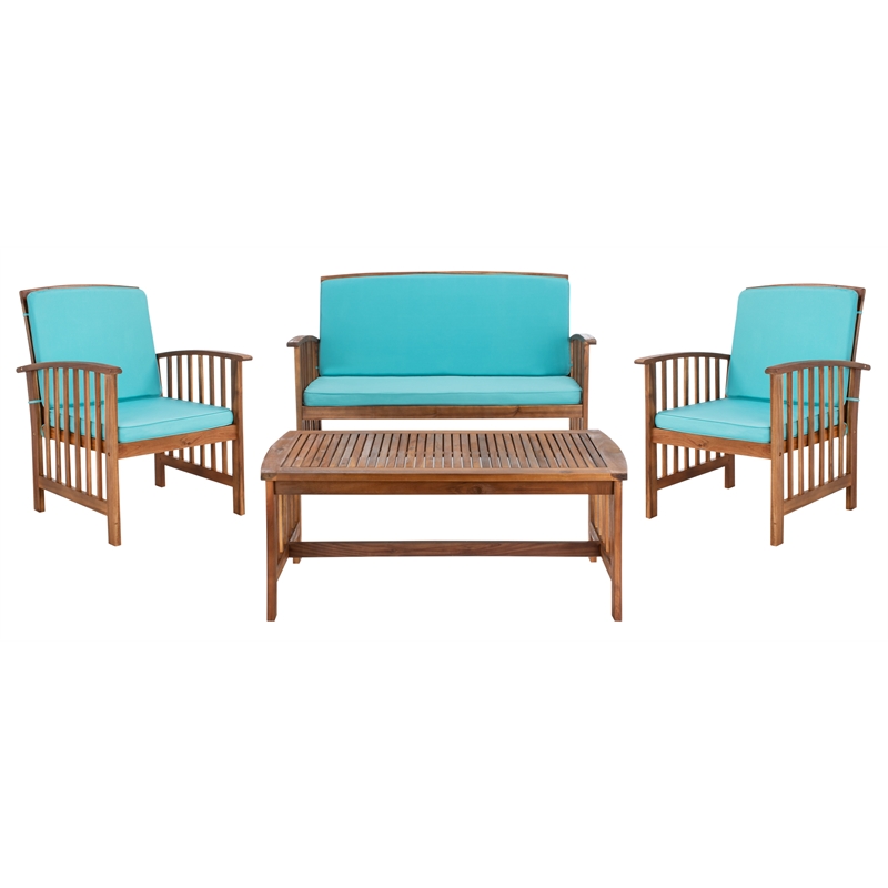 Pemberly Row Transitional Wood 4Pc Outdoor Set in Natural / Aqua