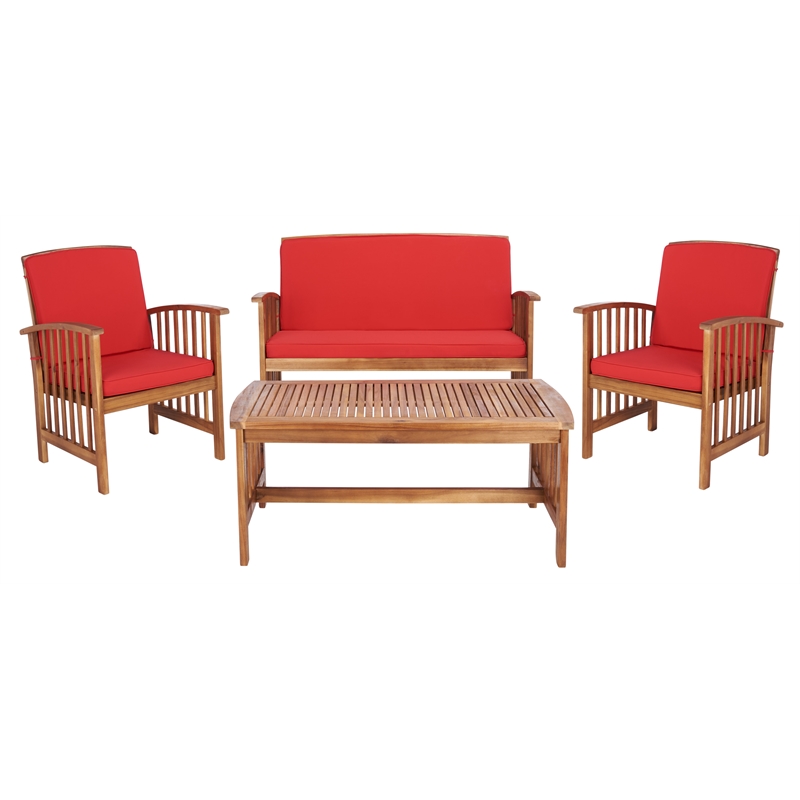 Pemberly Row Transitional Wood 4Pc Outdoor Set in Natural / Red
