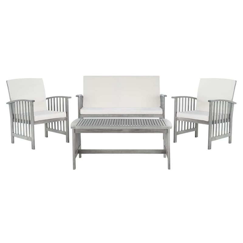 Pemberly Row Transitional Wood 4Pc Outdoor Set in Gray / Beige