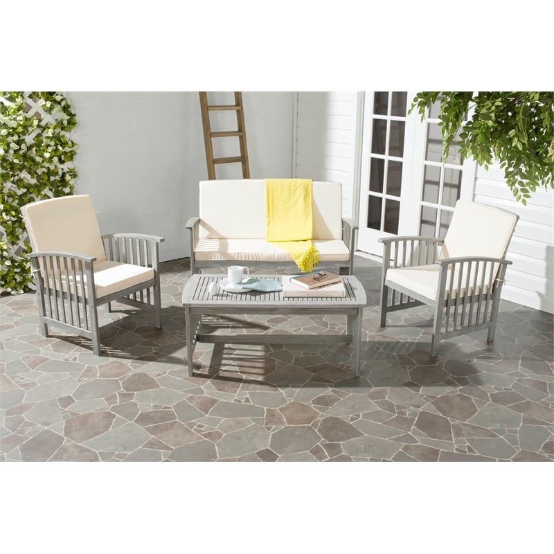 Pemberly Row Transitional Wood 4Pc Outdoor Set in Gray / Beige