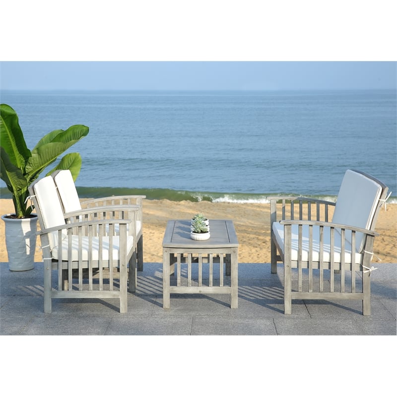Pemberly Row Transitional Wood 4Pc Outdoor Set in Gray / Beige