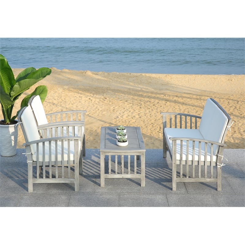 Pemberly Row Transitional Wood 4Pc Outdoor Set in Gray / Beige