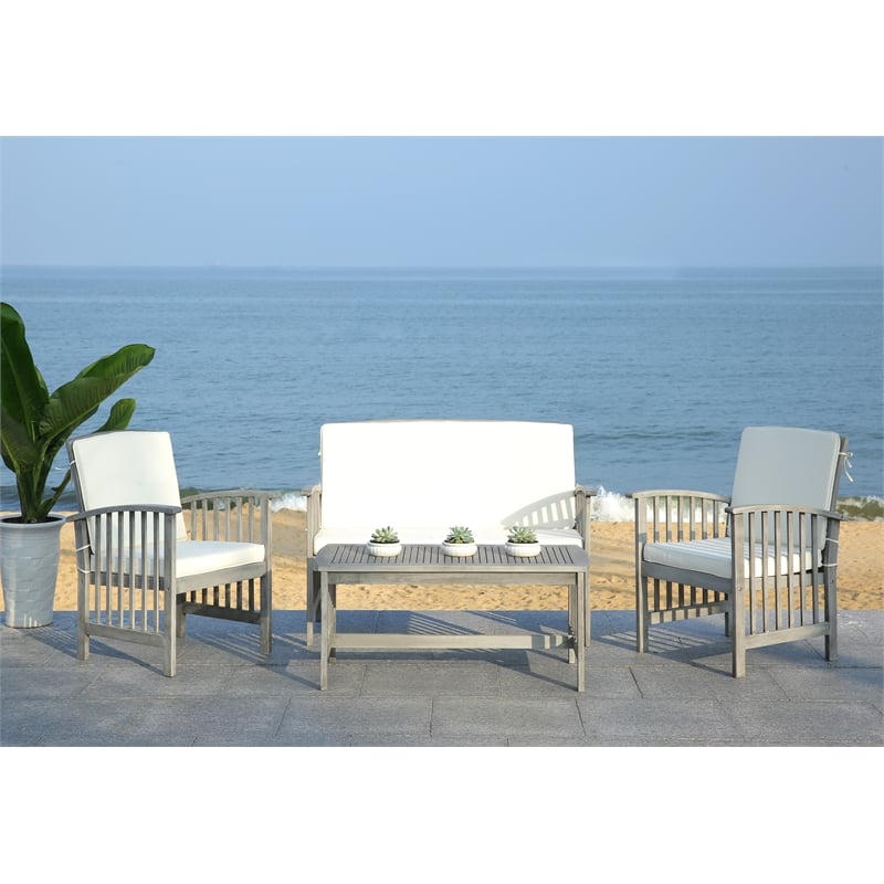 Pemberly Row Transitional Wood 4Pc Outdoor Set in Gray / Beige