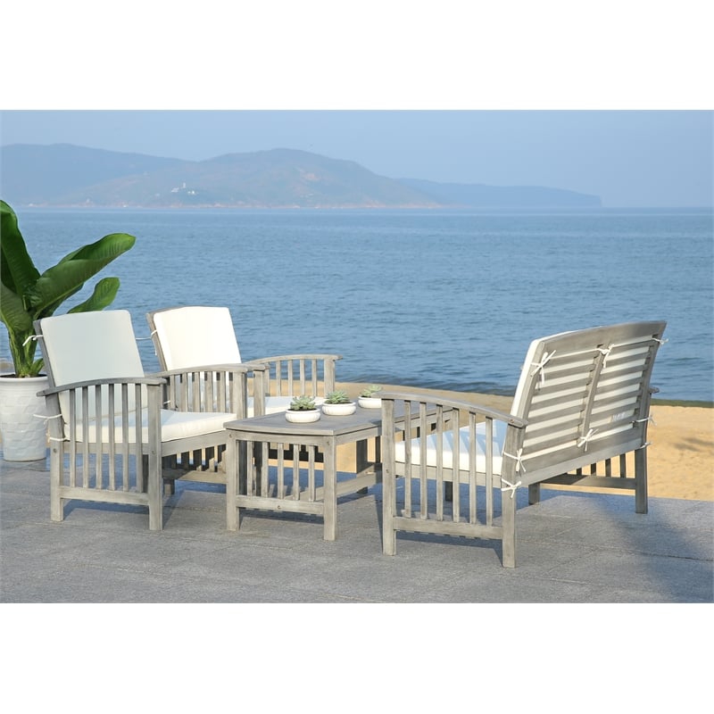 Pemberly Row Transitional Wood 4Pc Outdoor Set in Gray / Beige