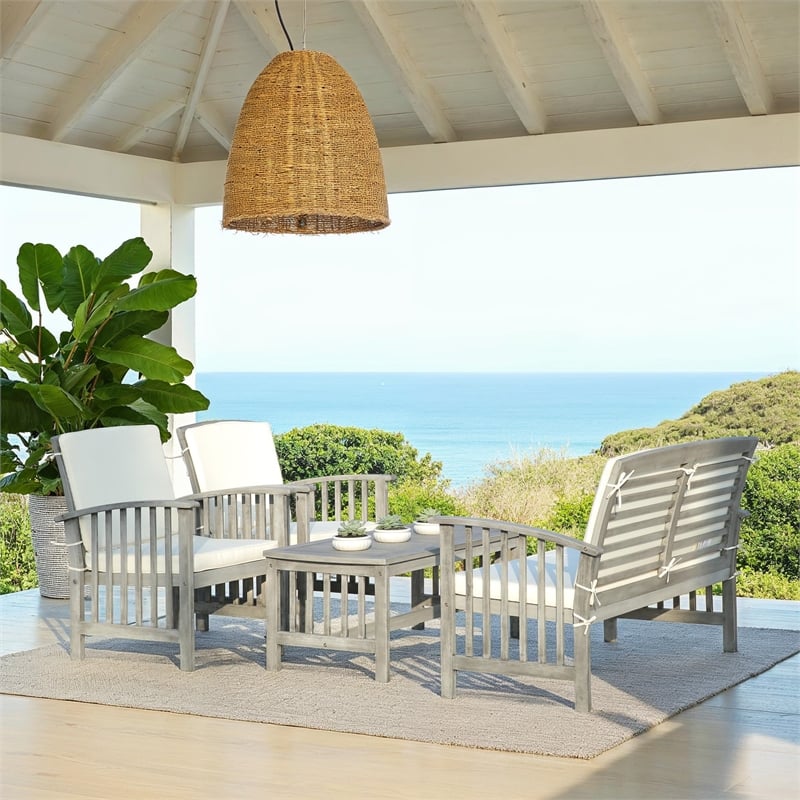 Pemberly Row Transitional Wood 4Pc Outdoor Set in Gray / Beige