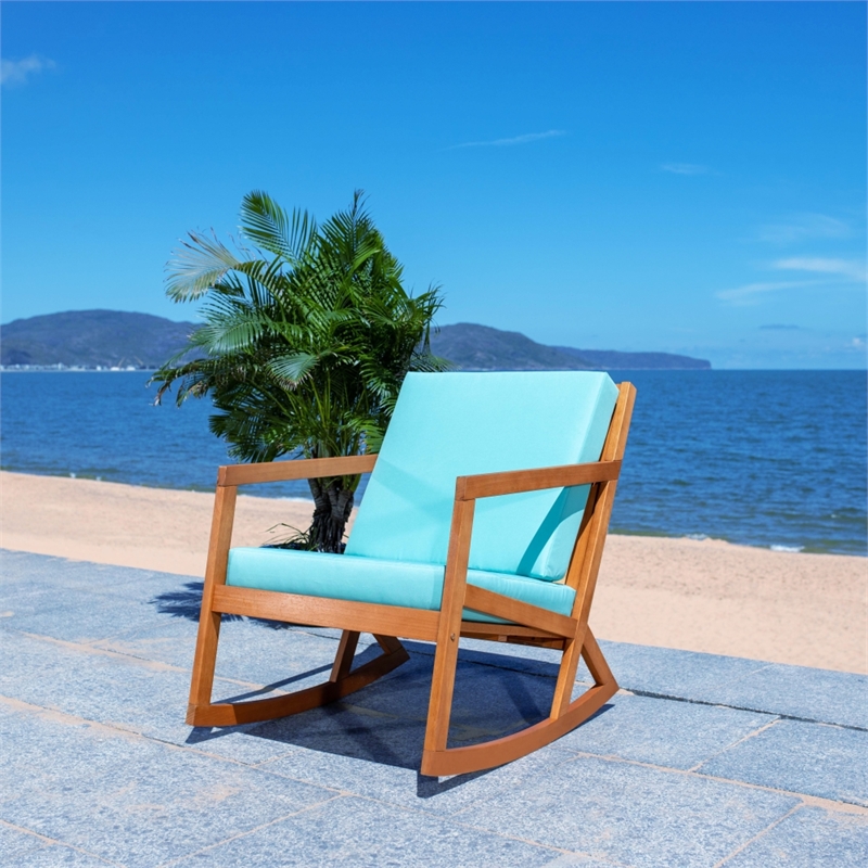 Pemberly Row Contemporary Wood Rocking Chair in Natural / Aqua