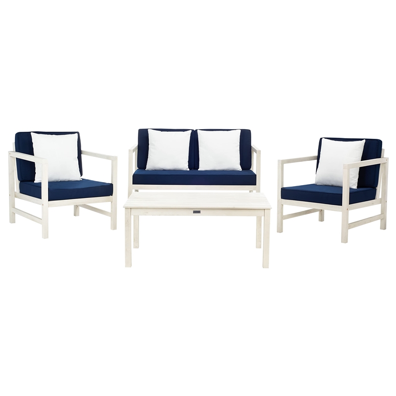 Pemberly Row Contemporary 4 Piece Patio Sofa Set in White and Navy