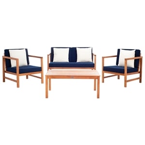 Pemberly Row Contemporary 4 Piece Patio Sofa Set in Teak Brown and Navy