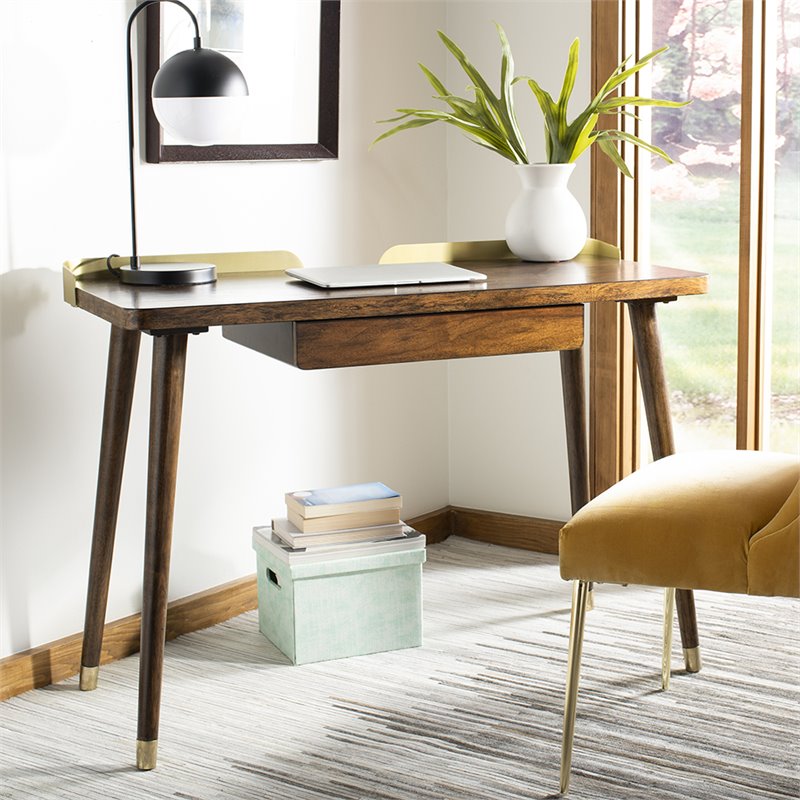 Pemberly Row Contemporary Writing Desk in Dark Walnut and Gold