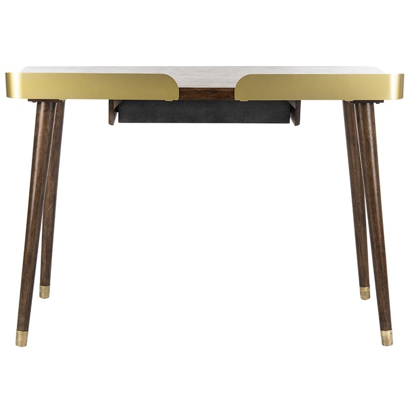 Pemberly Row Contemporary Writing Desk in Dark Walnut and Gold