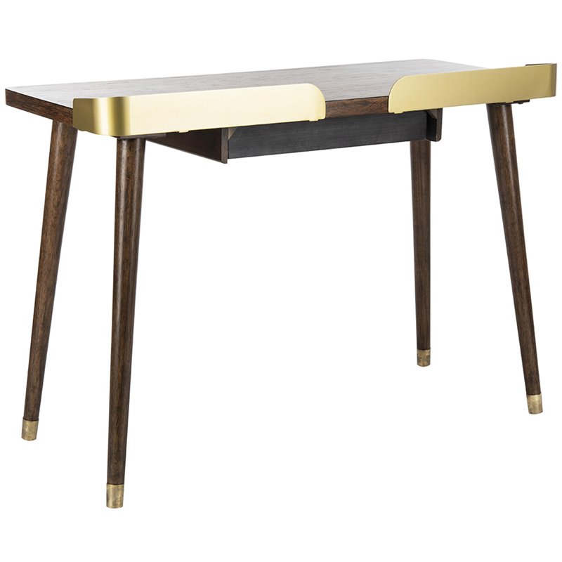 Pemberly Row Contemporary Writing Desk in Dark Walnut and Gold