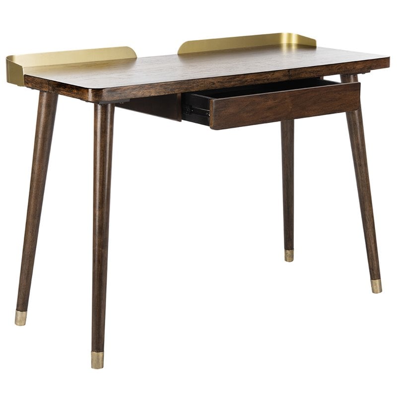 Pemberly Row Contemporary Writing Desk in Dark Walnut and Gold