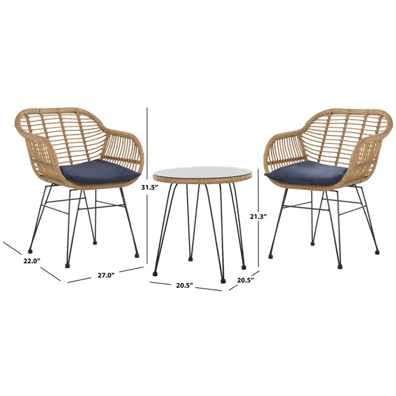 Pemberly Row 3 Piece Rattan Conversation Set in Brown and Navy