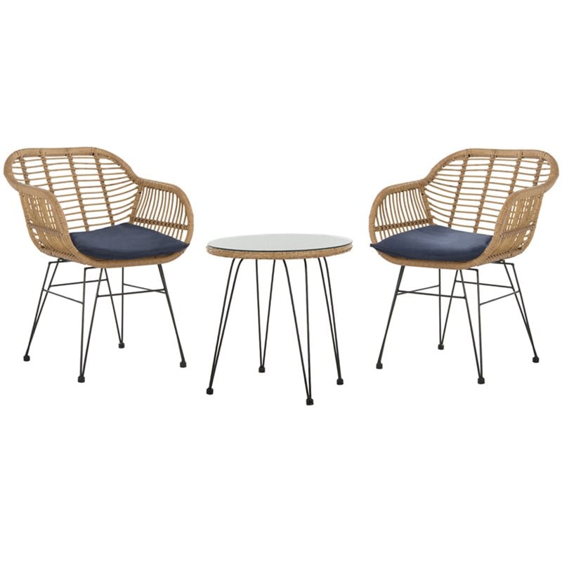 Pemberly Row 3 Piece Rattan Conversation Set in Brown and Navy