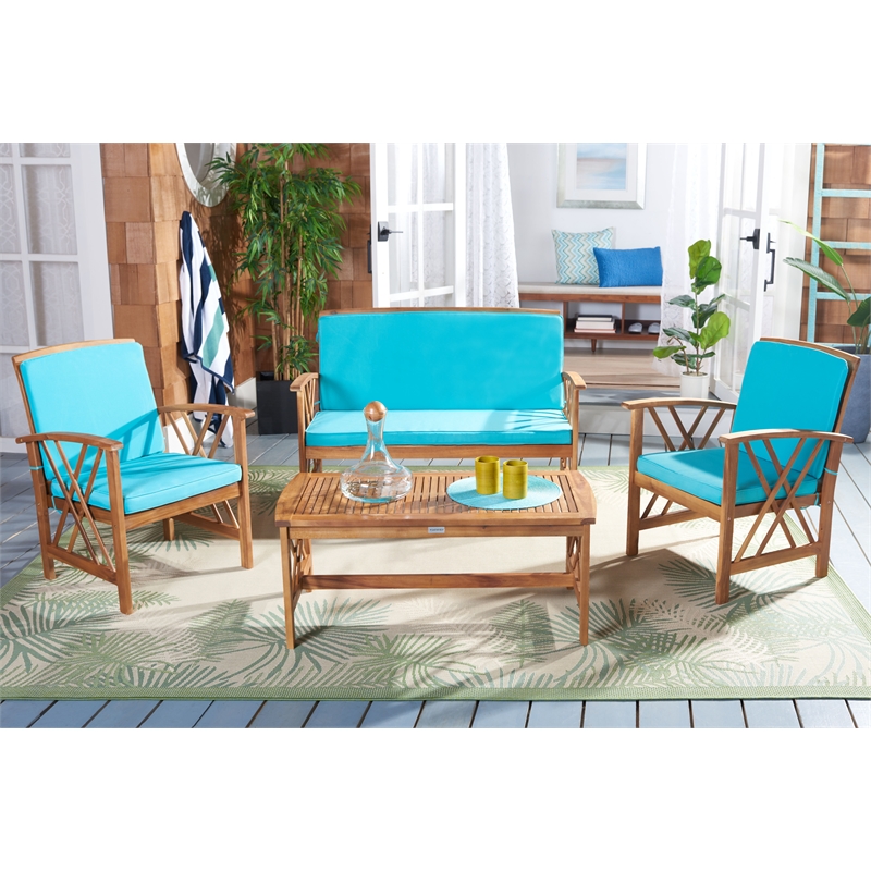 Pemberly Row Coastal Wood 4Pc Outdoor Set in Natural & Aqua Finish