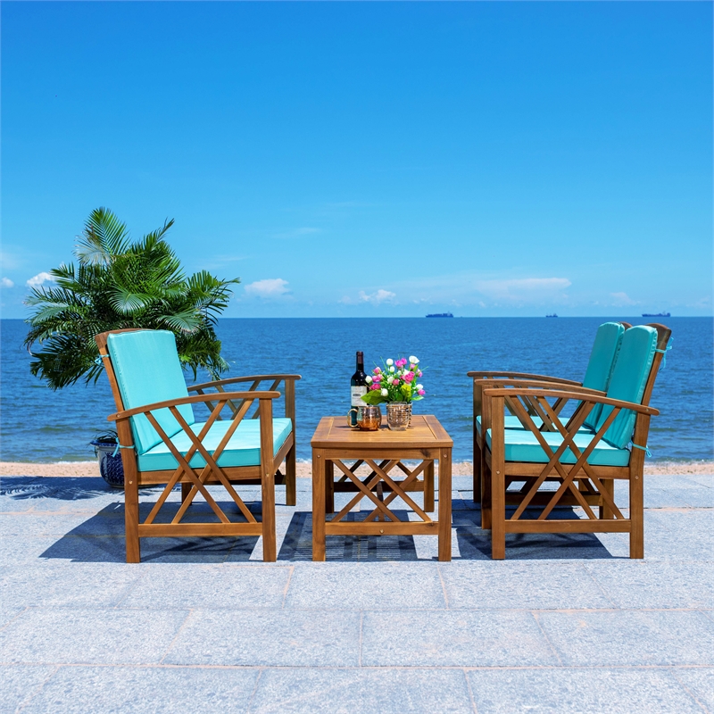 Pemberly Row Coastal Wood 4Pc Outdoor Set in Natural & Aqua Finish