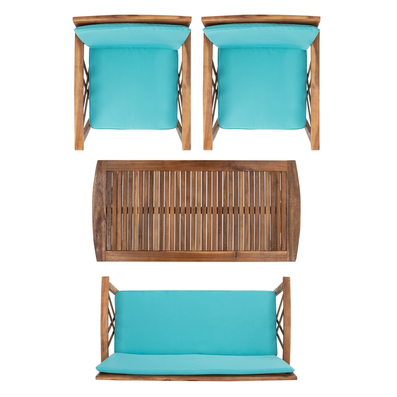 Pemberly Row Coastal Wood 4Pc Outdoor Set in Natural & Aqua Finish