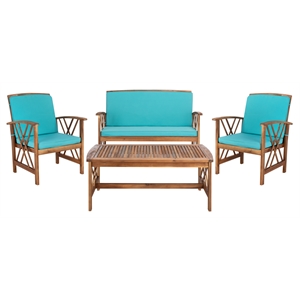 Pemberly Row Coastal Wood 4Pc Outdoor Set in Natural & Aqua Finish