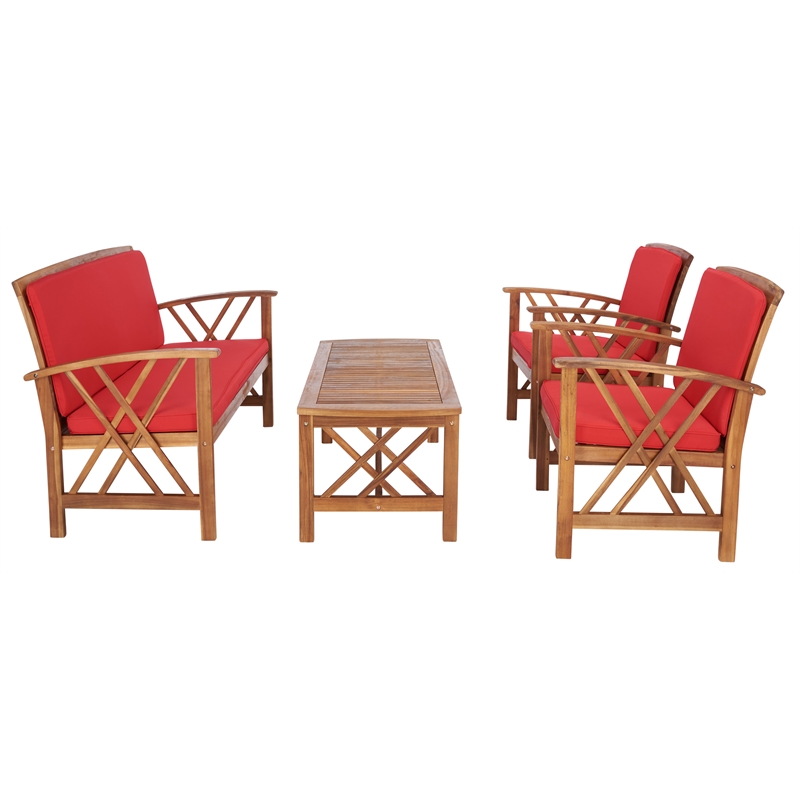 Pemberly Row Transitional Wood 4Pc Outdoor Set in Natural / Red