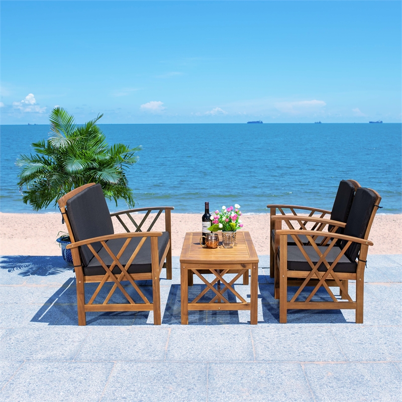 Pemberly Row Transitional Wood 4Pc Outdoor Set in Natural / Black