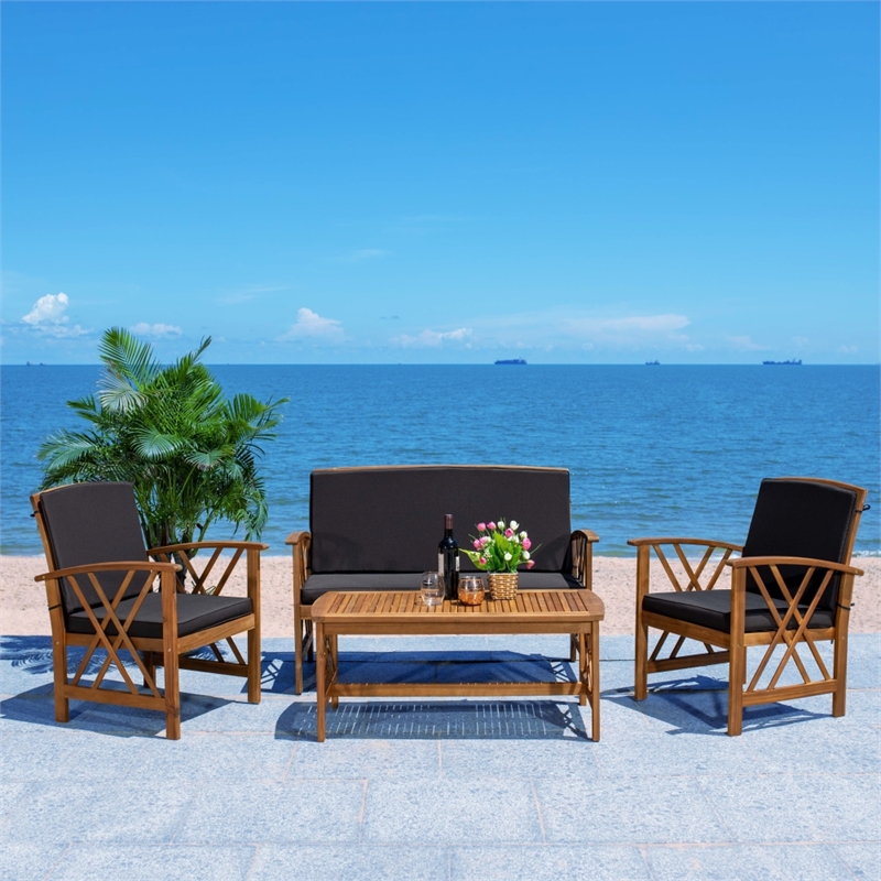 Pemberly Row Transitional Wood 4Pc Outdoor Set in Natural / Black