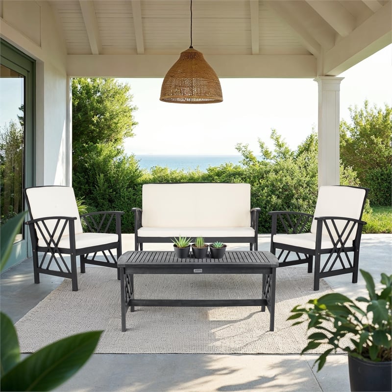 Pemberly Row Transitional Wood 4Pc Outdoor Set in Black / Beige